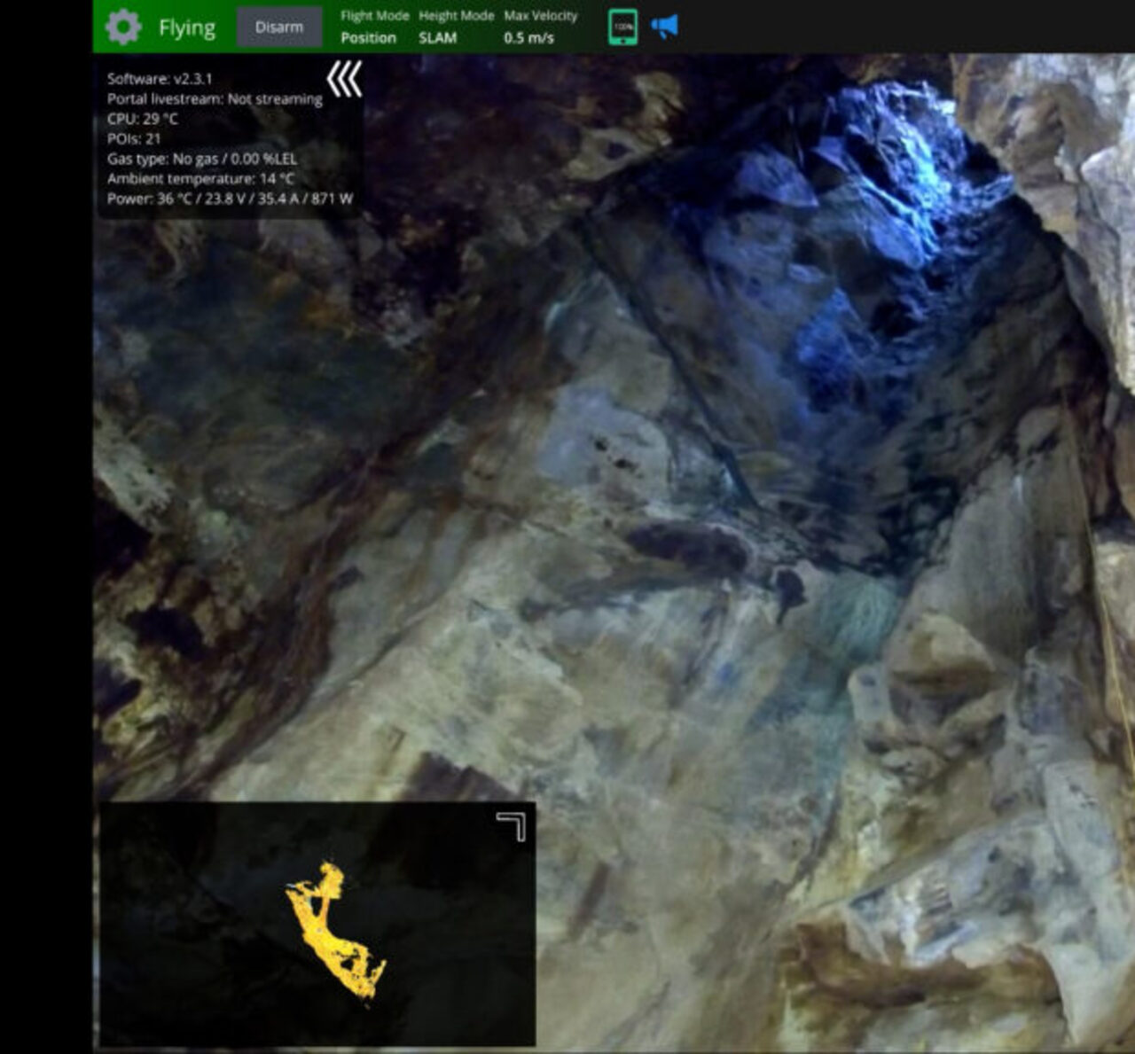 Scout 137 flying an underground heading at the Cleveland Tin Mine