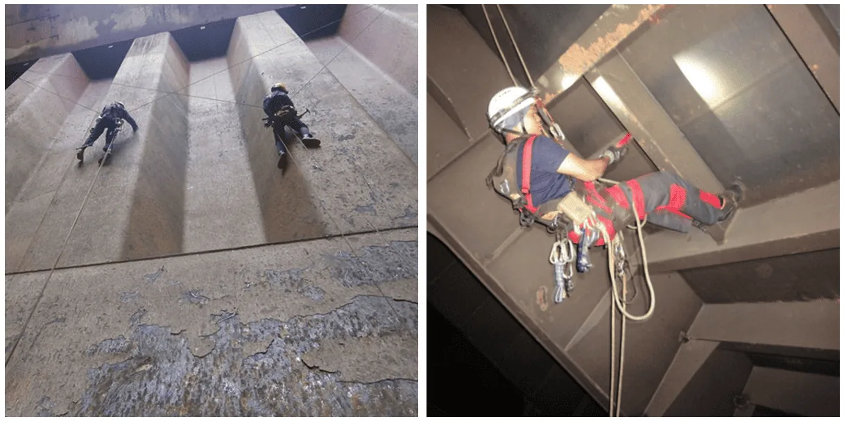 Rope access inspection of a cargo tank — the traditional method, working at heights.
