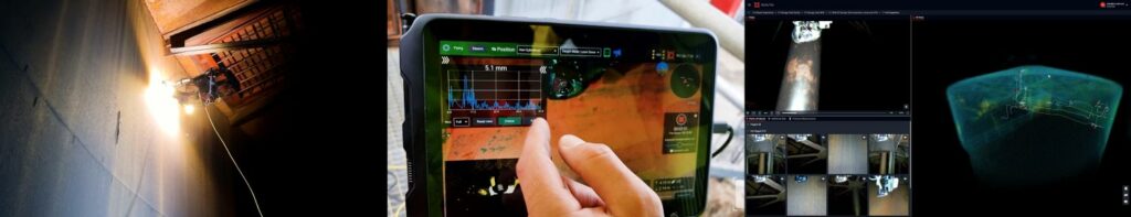 Trio of photos featuring Scout 137 Drone System, Scout App with live A-scan and inspection replay in the Scout Portal.