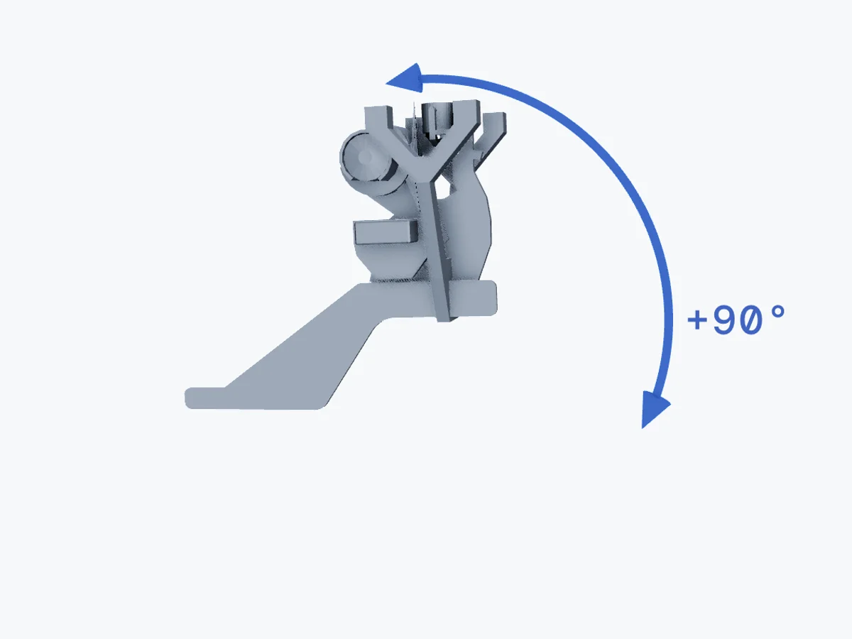The UTM payload's articulating arm at full +90° elevation — end state of the range-of-motion animation