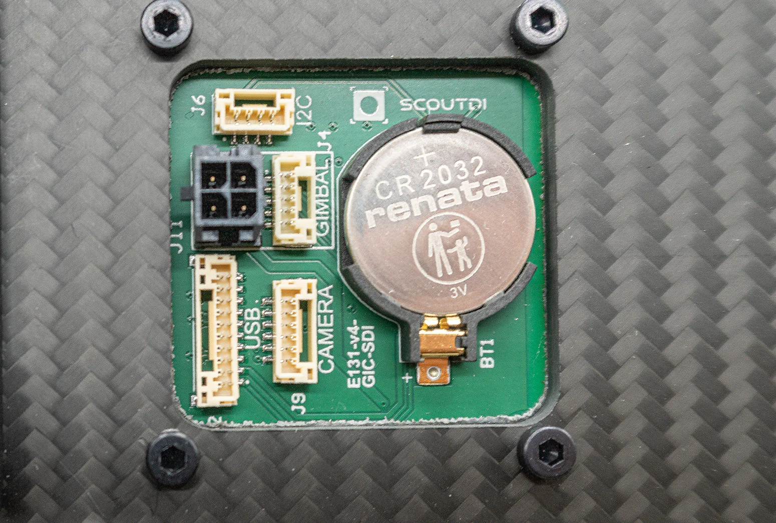 The Scout 137 camera payload bay — a standard connector interface (camera, gimbal, USB, I2C) that future camera payloads can plug into