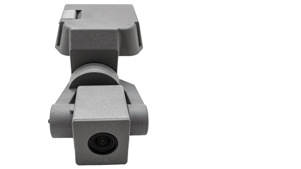 The Scout 137 4K camera payload on its 2-axis gimbal — tilts ±90° and stabilises roll