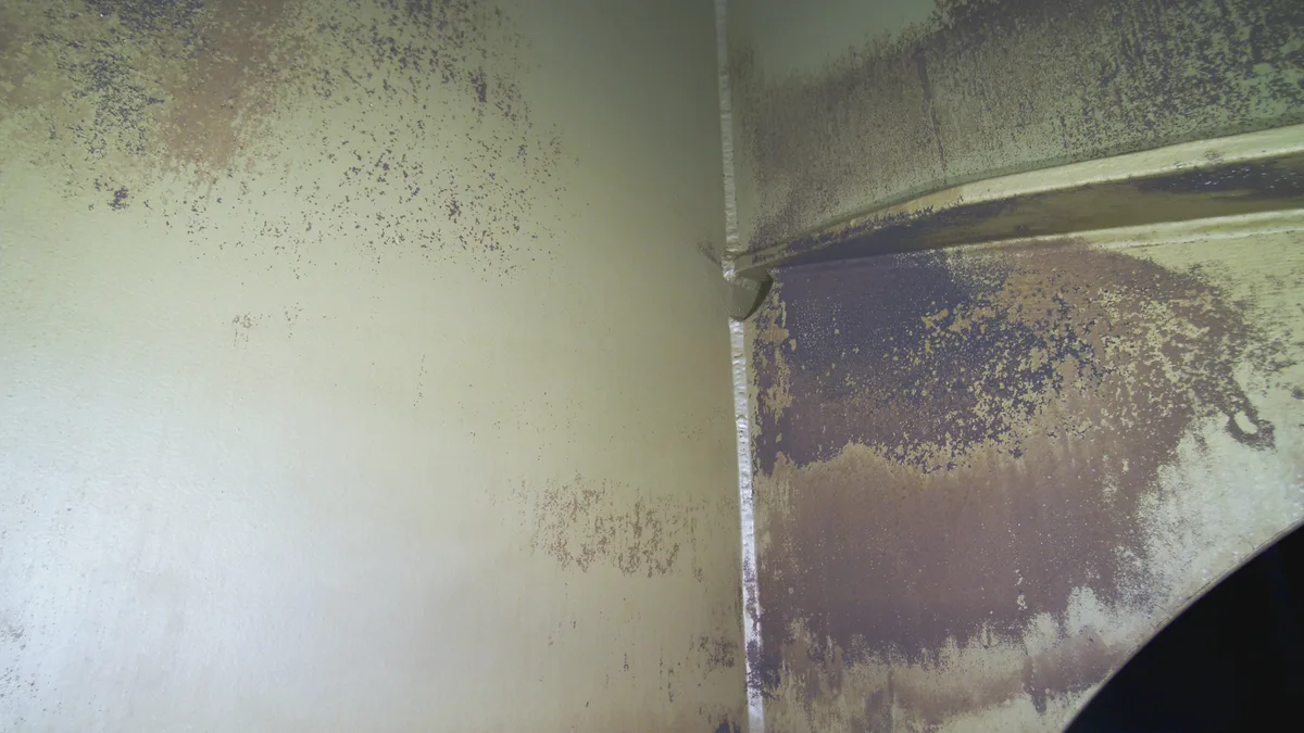 Wide 4K view of a steel corner — weld seam, drain-hole and coating breakdown in context