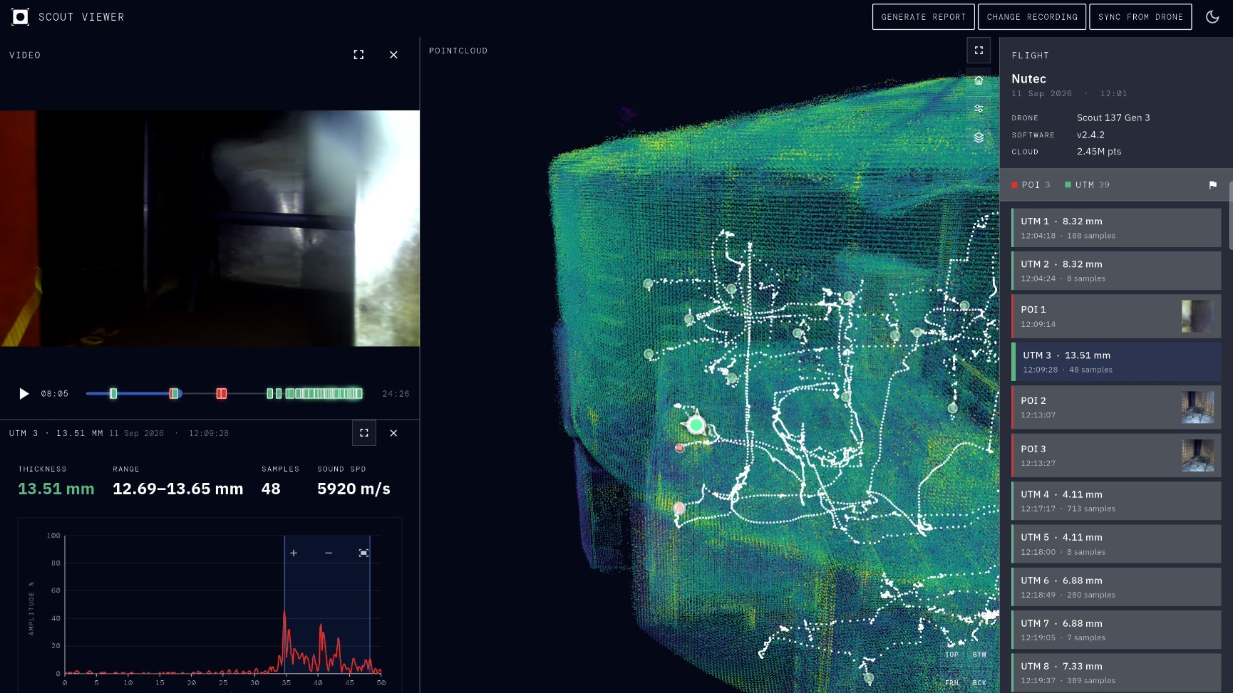 Scout Viewer showing video, the 3D point cloud, flight path, POIs and a UT reading with its A-scan together in one on-site review