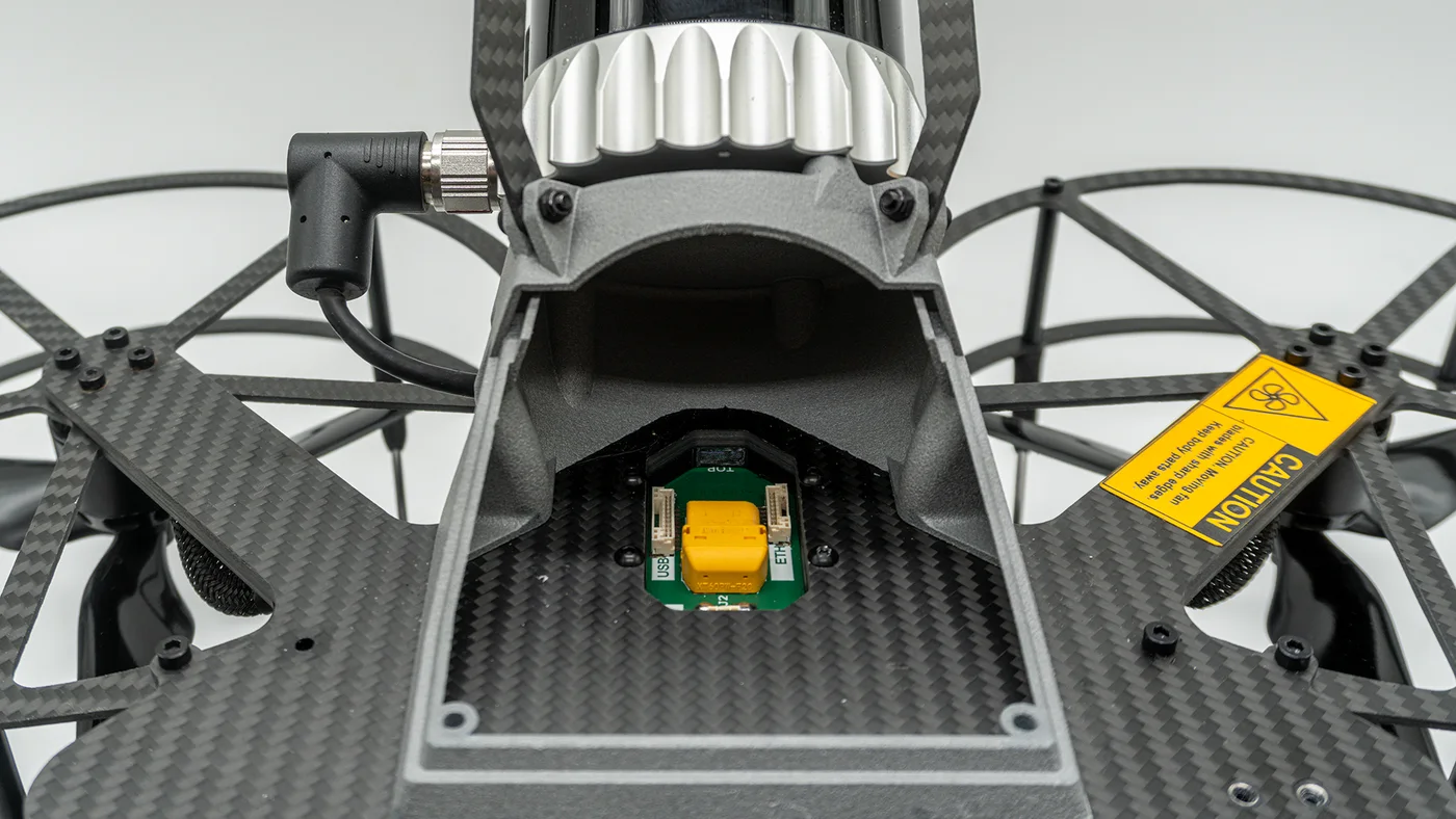 Scout 137 Gen 3 modular payload bay — the carbon-fibre bay and electrical mounting interface where a hot-swap payload fits