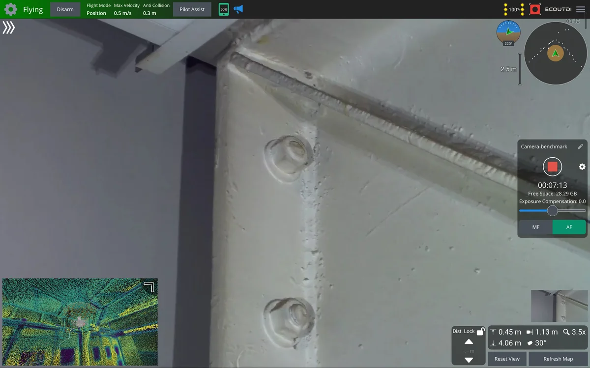 Scout Operator app screenshot at 3.5× zoom in ScoutDI's Flight Lab, same spot and same distance lock as the 1× view, with optical zoom applied