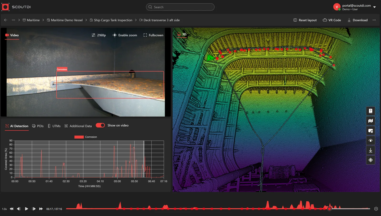 Scout Portal: inspection video beside the 3D point-cloud model