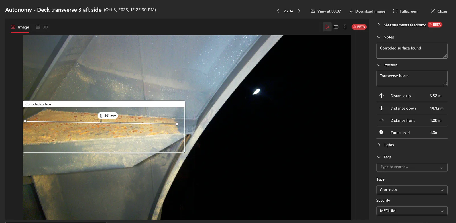 Scout Portal point-of-interest review modal showing the captured image, sensor metadata and annotation tools