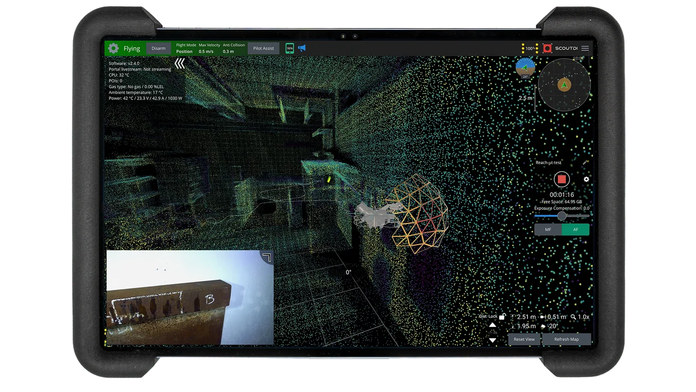 Scout Operator on the pilot tablet — live view of the asset interior streaming from the drone