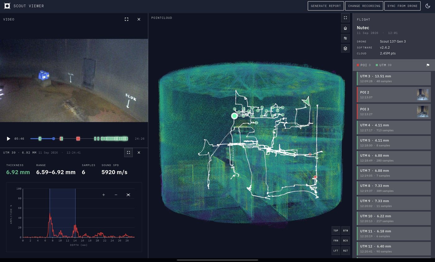 Scout Viewer full window with video, point cloud and the flight's UTM and POI list