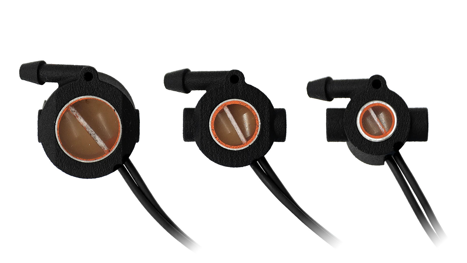 The three included Thornetix dual-crystal probes — 2.25, 5.0 and 7.5 MHz — each with the orange coupling ring
