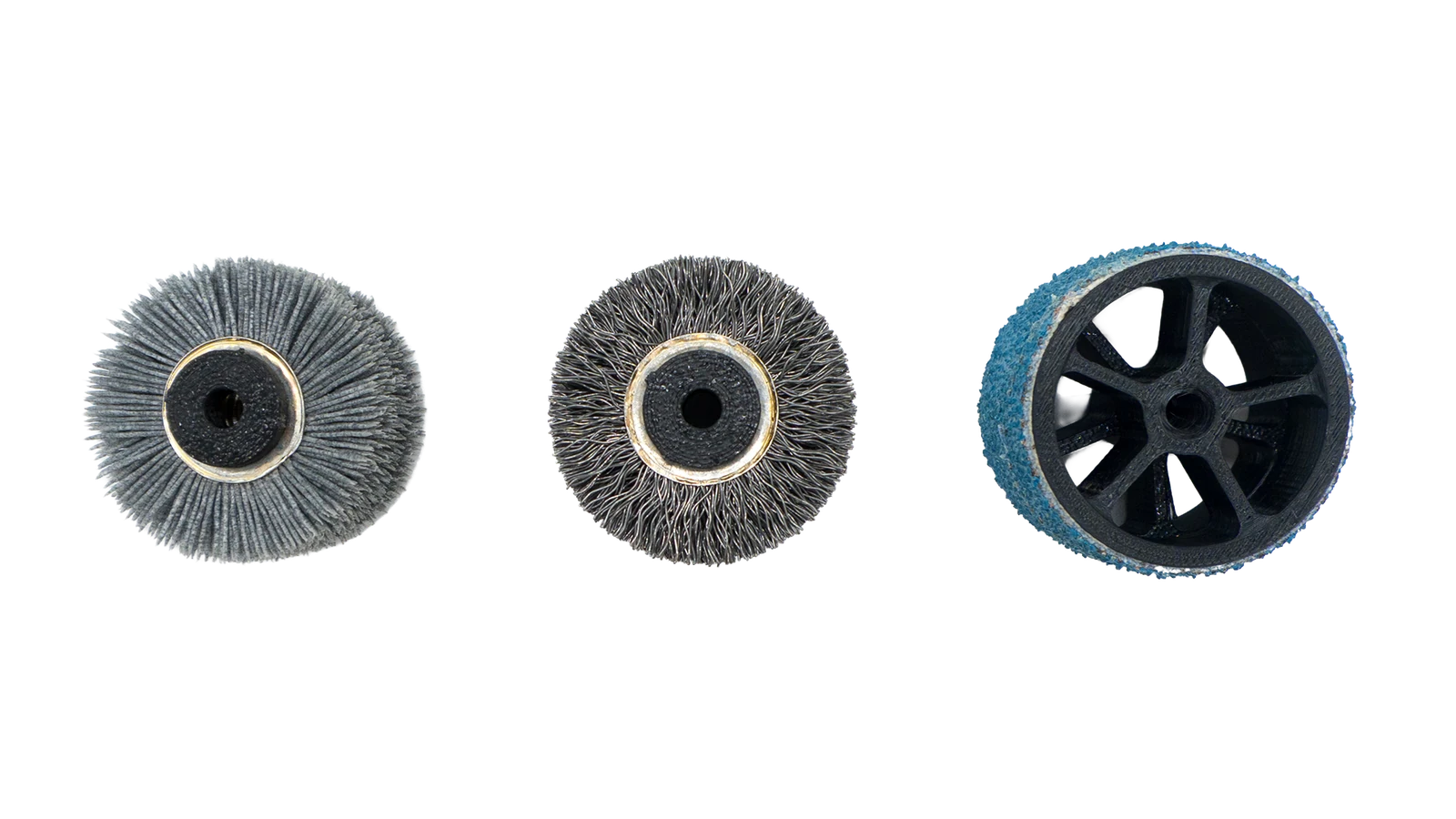 Three spot-prep tool groups, light to heavy — silicon-carbide brush, metal-wire brush, and bonded abrasive sleeve