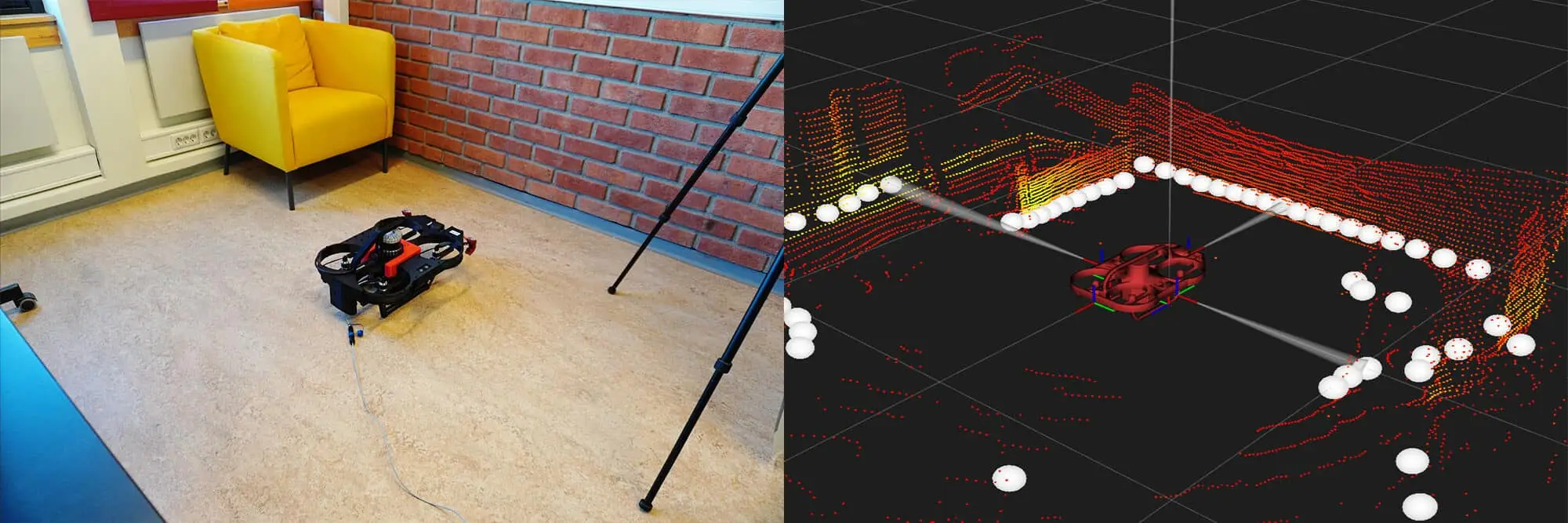 Split view of photo on office floor and 3D-visualized data map of the same